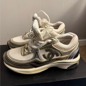 CHANEL Cream and Gold Athletic Shoes